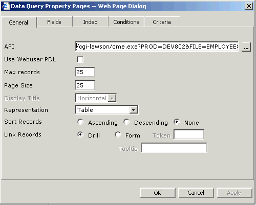 Form clip: Data Query dialog showing General tab