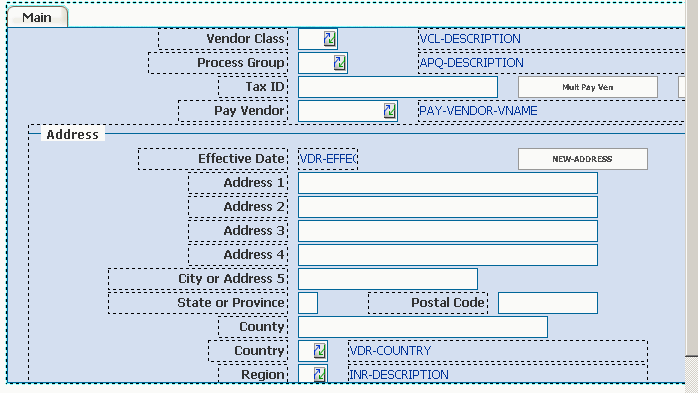 Form clip: Object view for updating a tab area (Vendor, AP10.1, Main tab used as an example)