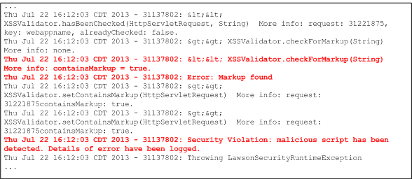 Log file example (security violations shown in red)