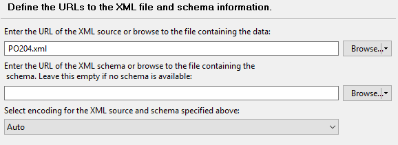 Specifying the location of the XML file in Data Source File field