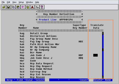 Screen capture: Key Number Definition with the Translate Data column