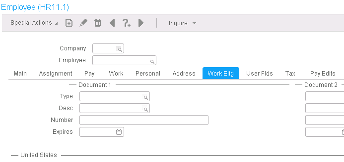 Screen capture: HR11.1 - Document 1 Type field