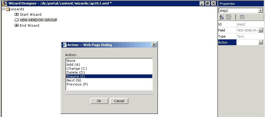 Form clip (partial): Selecting the Inquire action