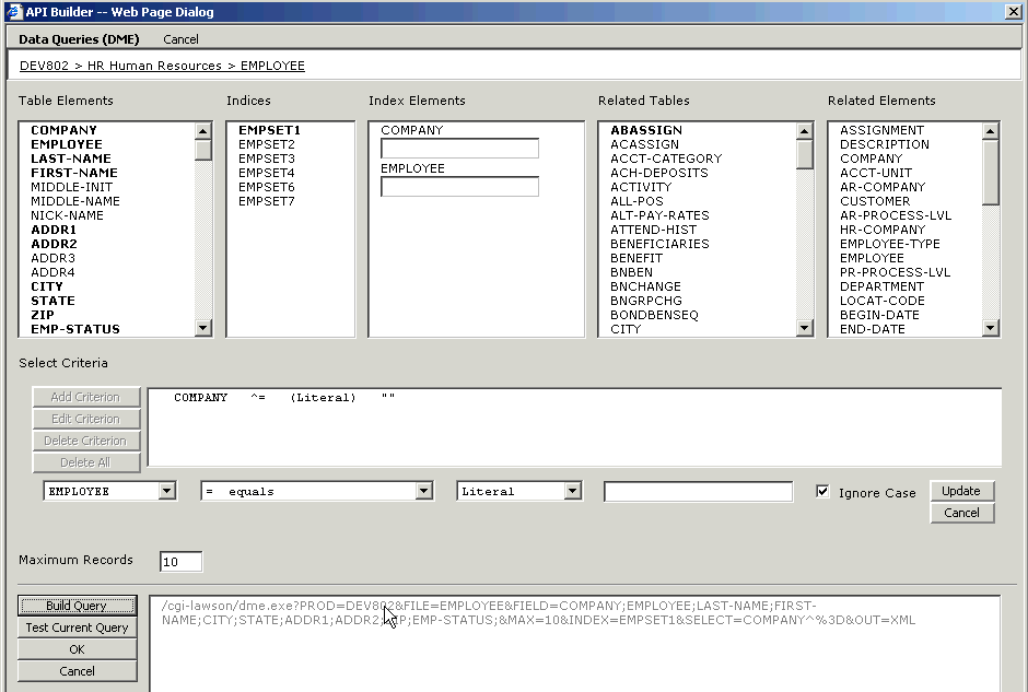 Form clip: API Builder form for selecting table fields, indexes, and related tables and elements