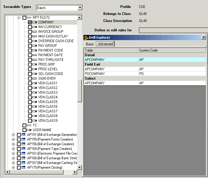 Screen clip: Determining which files are required for drills and selects (Drill Explorer Advanced tab)