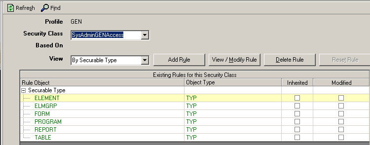 Screen clip: SysdminGENAccess which grants access to GEN profile objects needed by a Lawson system administrator