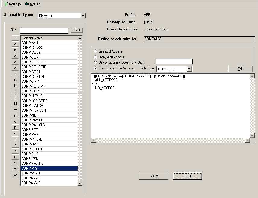 Screen clip: Writing a rule on the Company element in Expression Builder