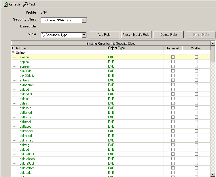 Screen clip: SysdminENVAccess which grants access to ENV profile objects needed by a Lawson system administrator