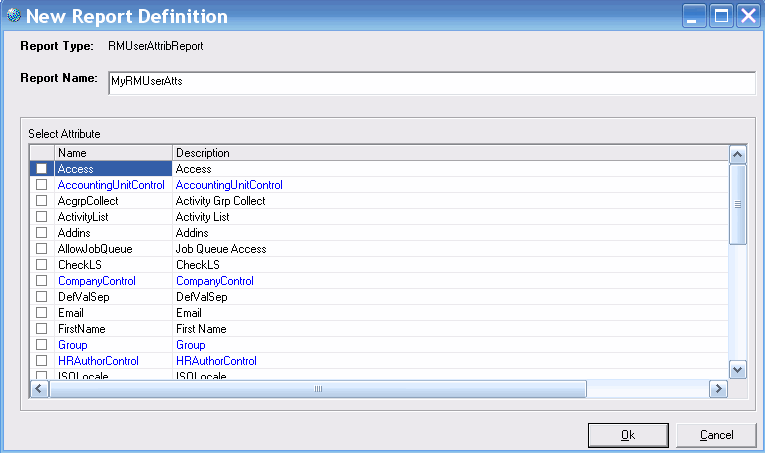 Form clip: Selecting attributes for inclusion in RM User Attributes Report