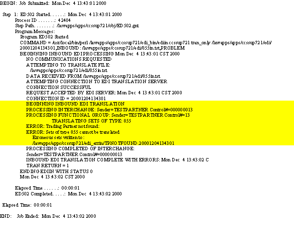 Job log: Inbound EDI translation errors (highlighted area)