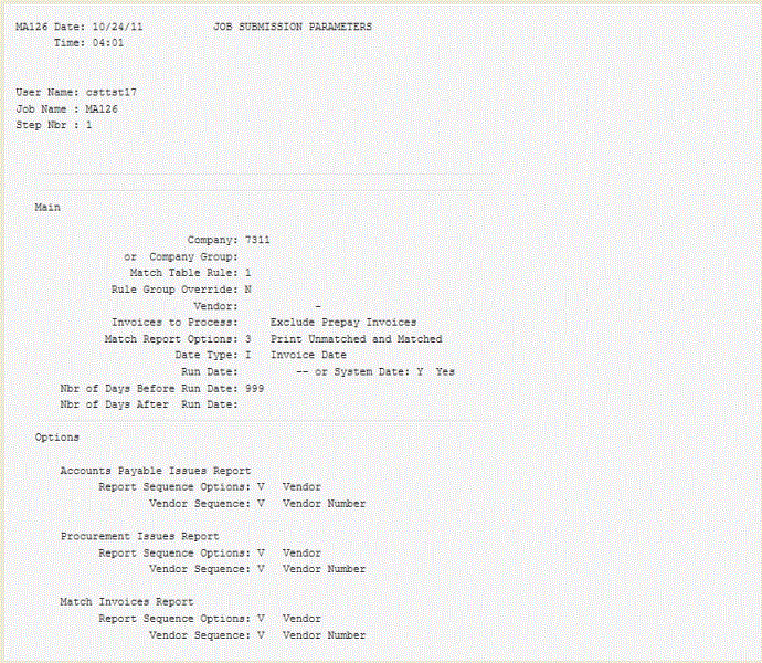 Report sample: Auto Matching, Job Submission Parameters