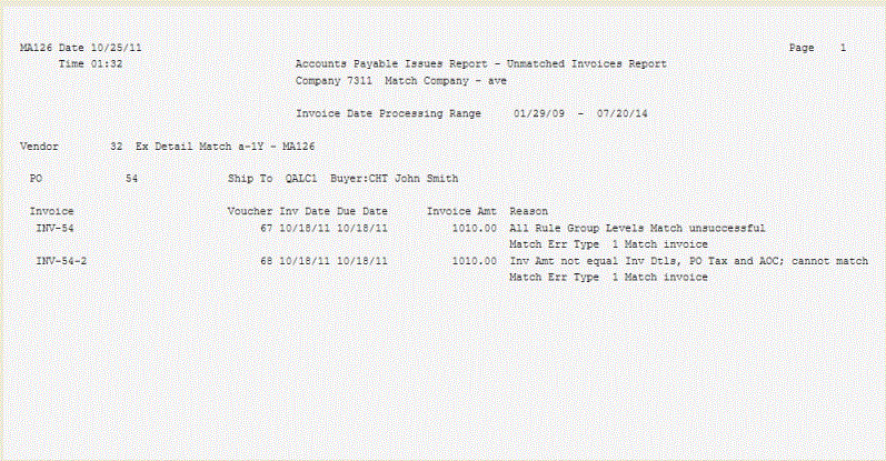 Report sample: Auto Matching, Accounts Payable Issues - Unmatched Invoices Report