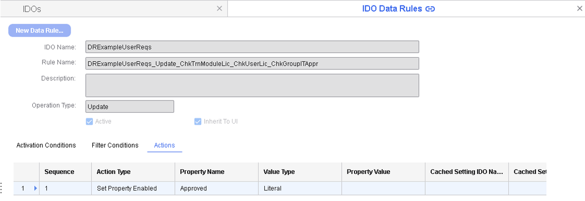 Scenario Example 5 - Actions tab for the Approved property