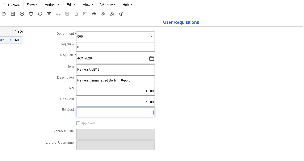 Scenario Example 5 - User Requisitions form