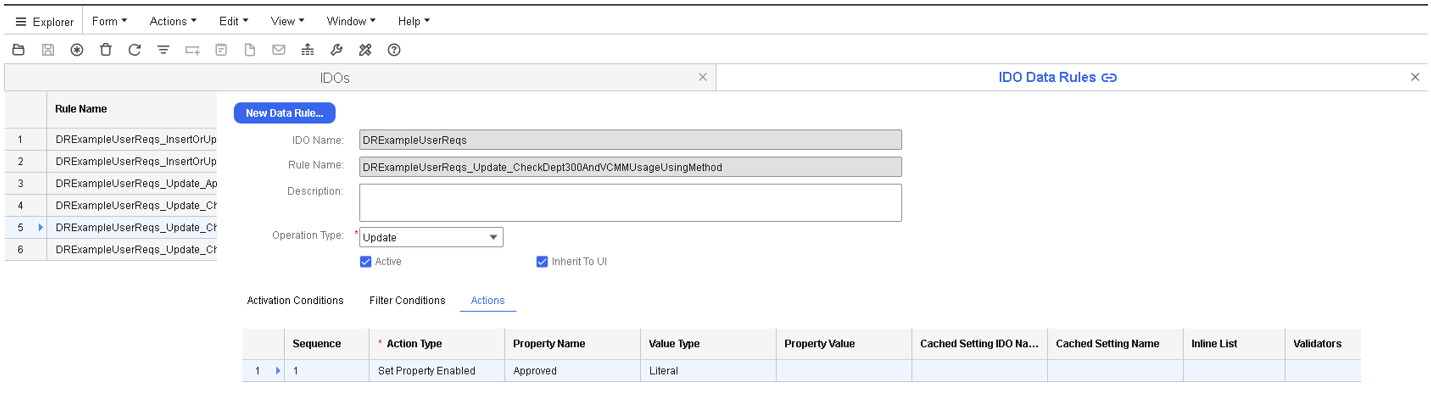 Scenario Example 7 - IDO Data Rules form - Actions tab