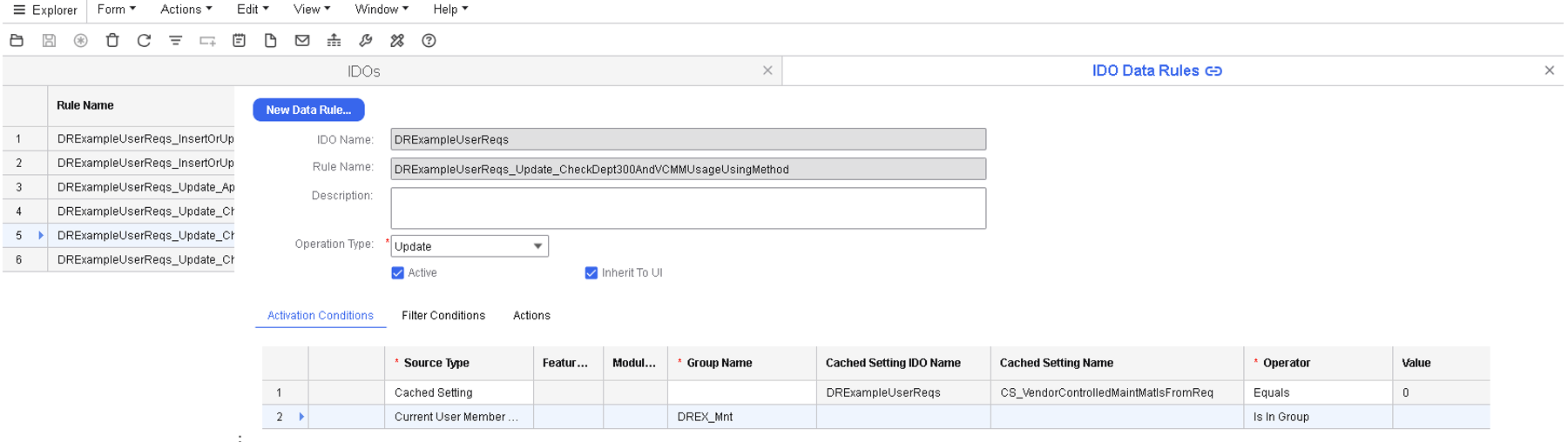 Scenario Example 8 - IDO Data Rules form - Activation Conditions tab