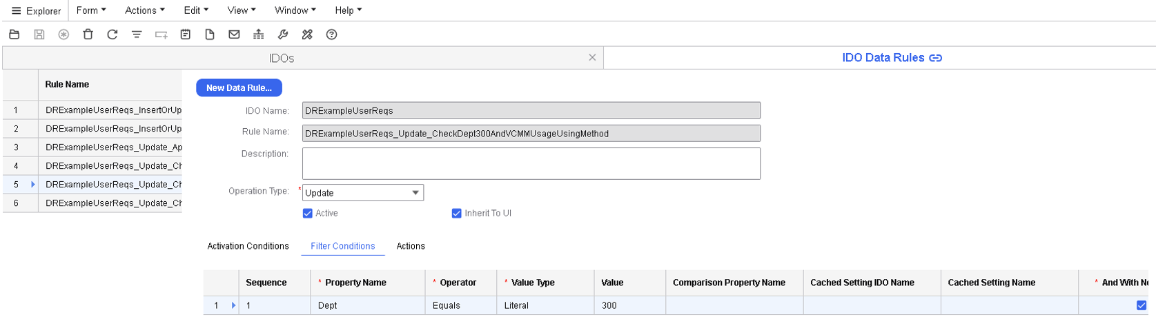 Scenario Example 8 - IDO Data Rules form - Filter Conditions tab