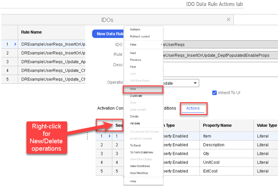 IDO Data Rules form - Actions tab and Right-click actions
