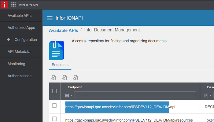 Infor Document Management URL in ION API