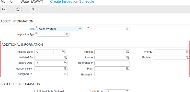 Asset inspection information in Create Inspection Schedule