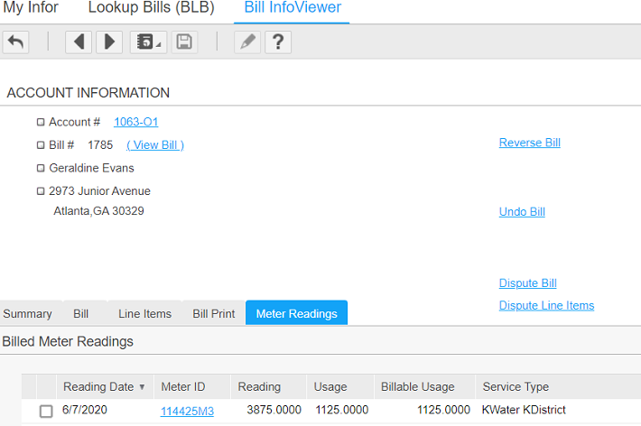 Meter Readings tab in Bill InfoViewer