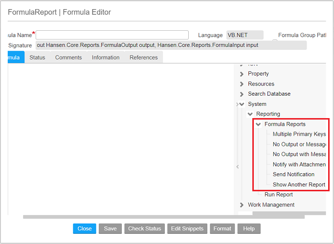 Formula report snippets