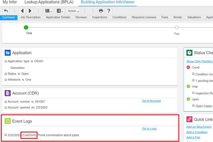 Log type on Summary tab