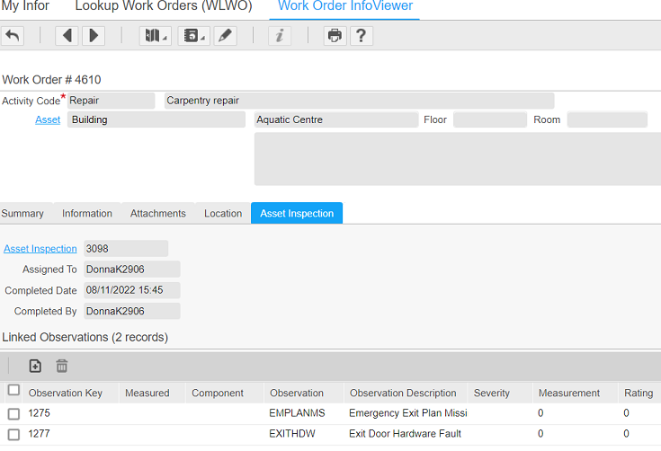 Asset Inspection tab in Work Order InfoViewer