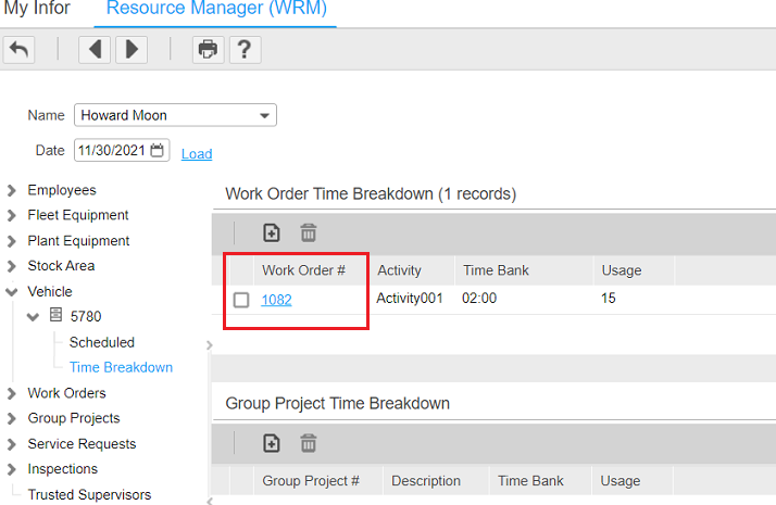 Hyperlinked work order number in Time Breakdown