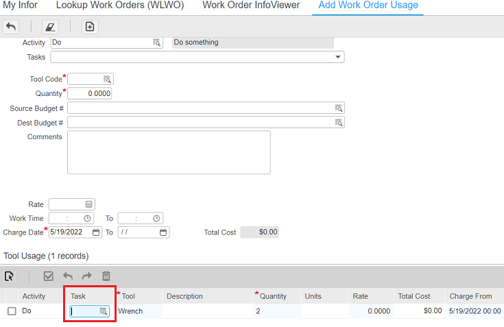 Editing the task for a resource usage record