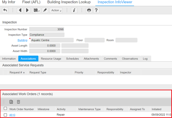 Linked work orders in Inspection InfoViewer