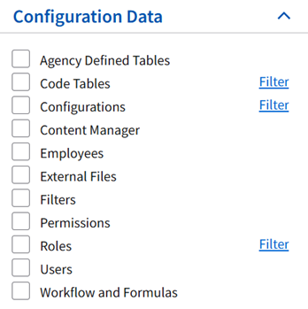 Configuration Data check boxes