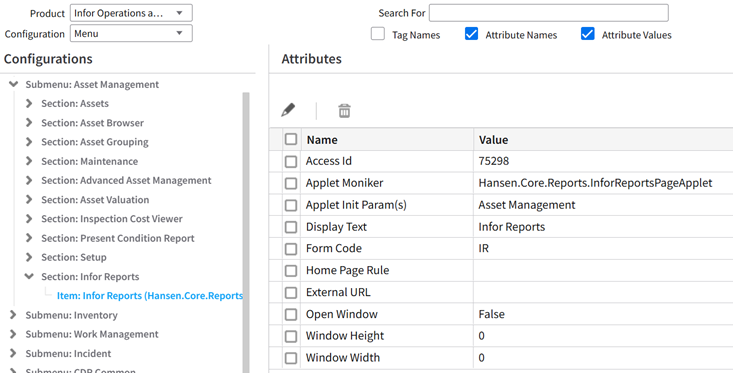 Infor Reports page in the Menu configuration