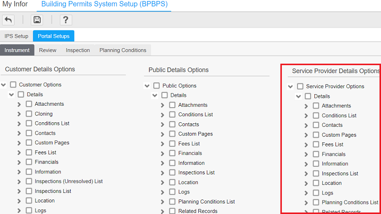 Service provider settings in Building Permits System Setup