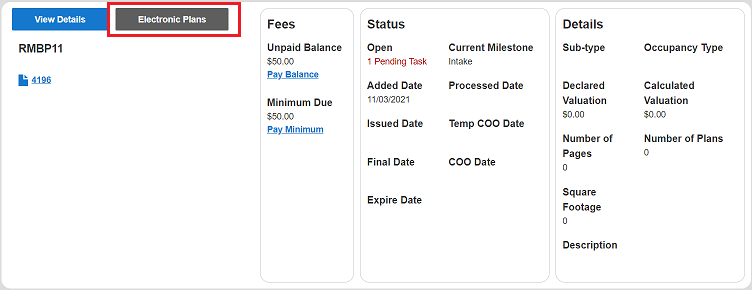 Electronic Plans button in My Projects