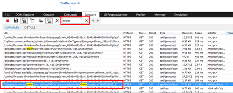 The image shows the Network tab after order has been typed into the Traffic Search field.