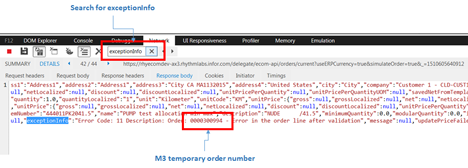 The image shows the Response body after the search term exceptionInfo has been specified.