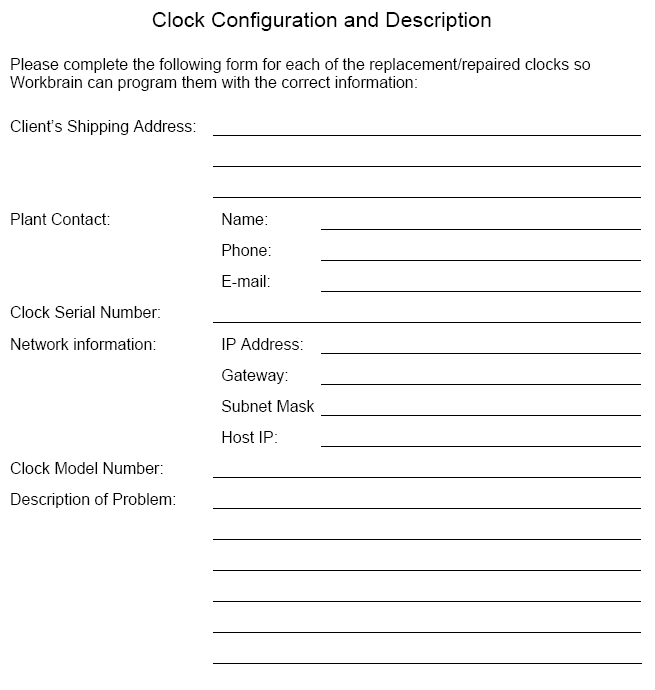 Clock Configuration and Description Form