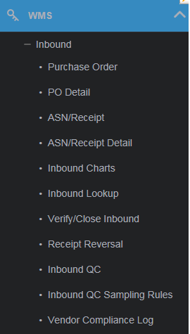 WMS Inbound Menu Selected