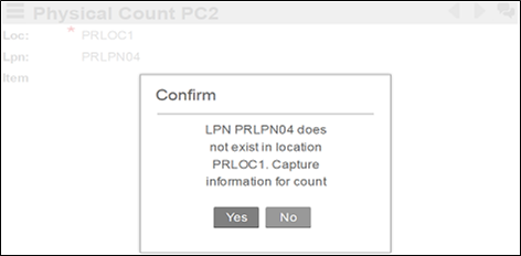 El LPN del recuento de inventario físico PC2 no existe